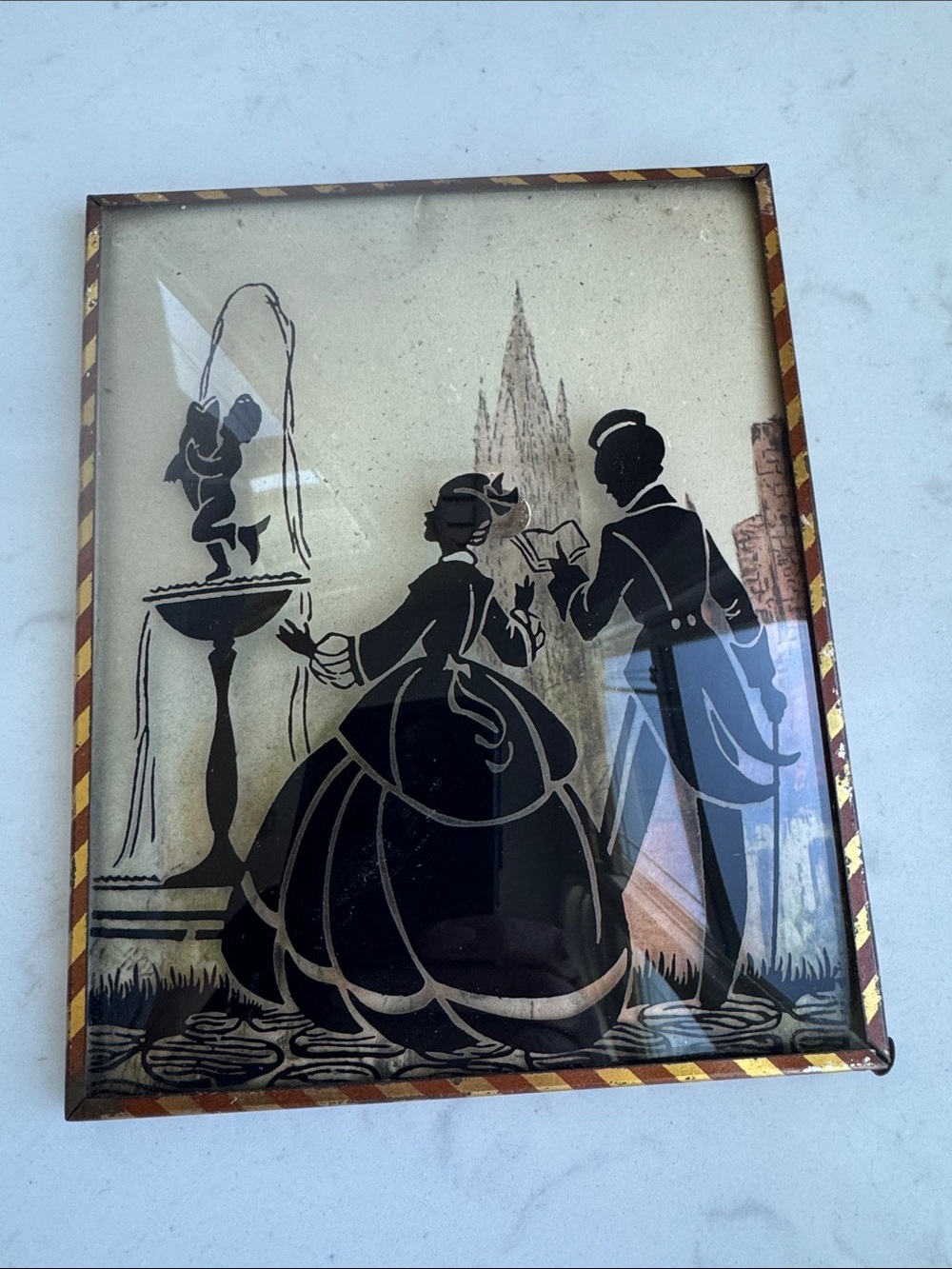 vintage reverse-painted convex glass silhouette picture popular 1920’ s to 50’s